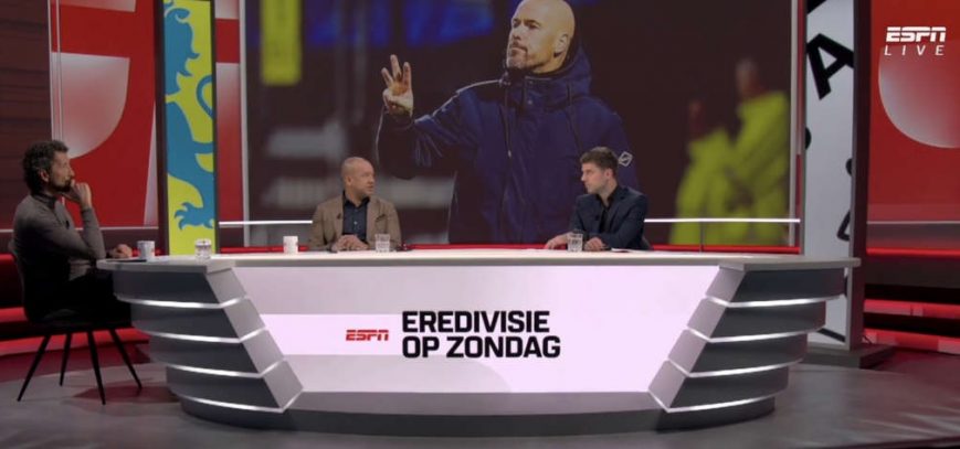 Foto: Hilariteit in ESPN-studio na ‘Overmars-grap’ Kwakman