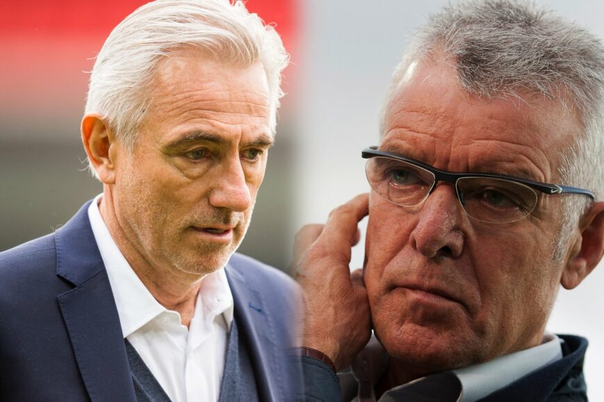 Foto: Bert van Marwijk en Sef Vergoossen: bevlogen adviseurs op de achtergrond bij aartsrivalen