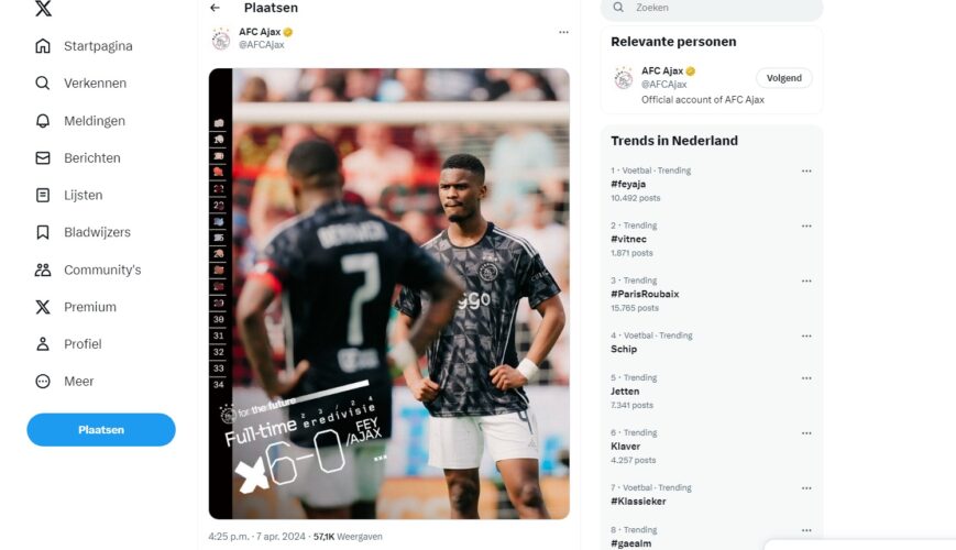 Foto: Wedstrijdverslag officieel X-account Ajax spreekt boekdelen